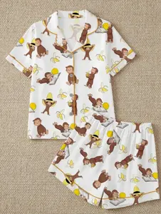Women's Monkey Banana Print Sleepwear Set, Satin Set