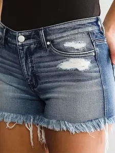 Women's Mid-Waisted Stretchy Ripped Denim Shorts with Pockets, Casual Summer Womenswear Bottom