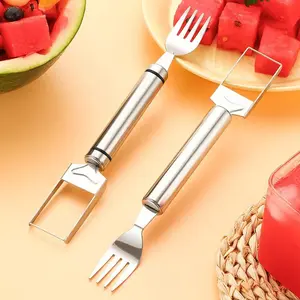 Watermelon Fork Slicer Cutter Slicer Tool, 2 - in - 1 Stainless Steel Fruit Cutter, Dual Head Fruit Forks Slicer Knife with Round Handle,Fruit Cutting Kitchen Utensils,Portable Stylish
