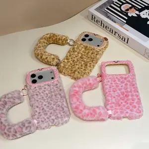 New Leopard Print Luxury Phone Case with Wrist Strap for Apple iPhone 17, Soft Plush Cover for 16 Pro, Winter Protection for 15 Pro Max