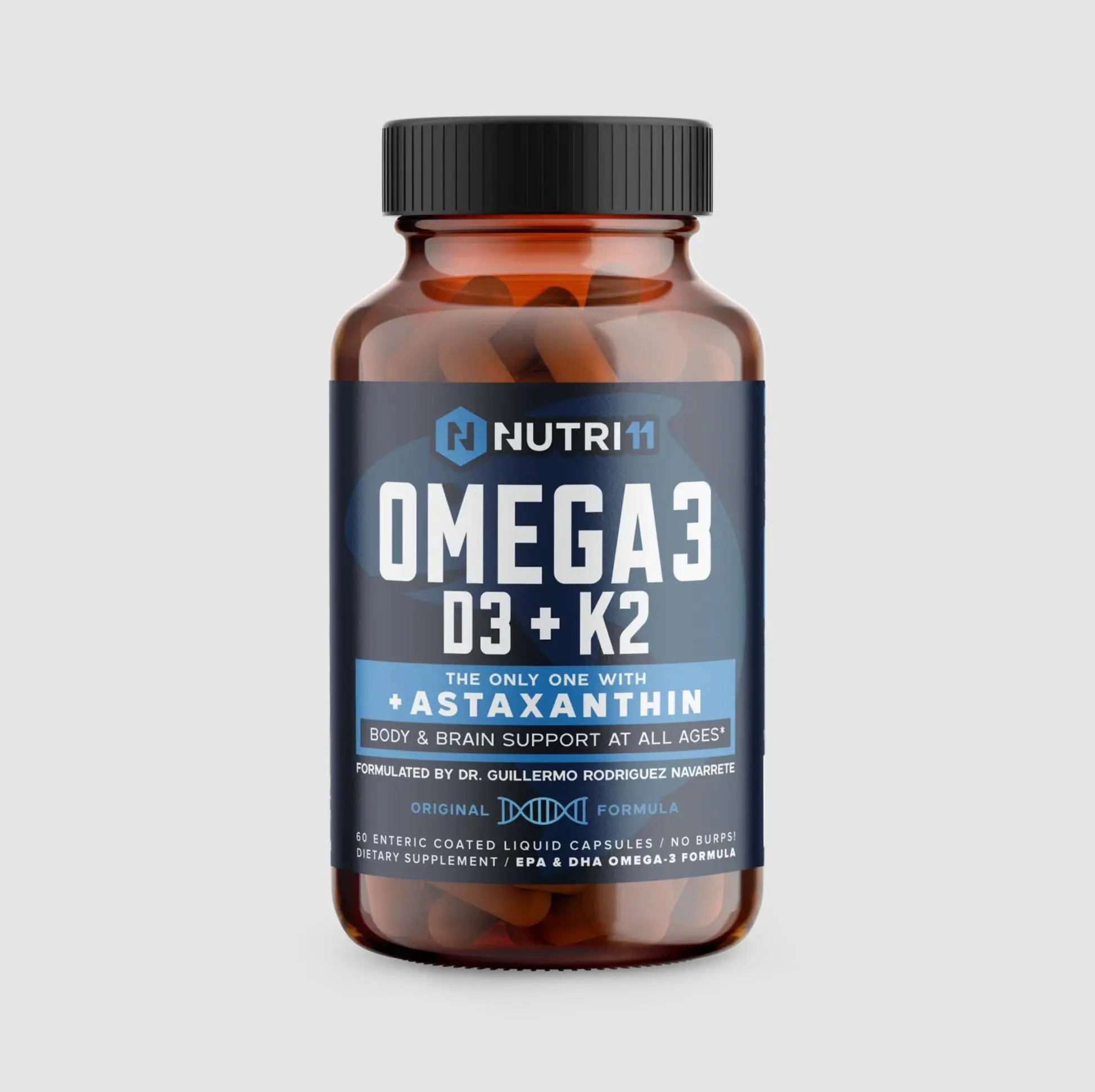 Nutri11 Omega-3 Fish Oil with Vitamin D3, K2 & Astaxanthin – Enteric Coated, No Fishy Burps – Doctor Formulated – 60 Liquid Capsules Essential Aminos Antioxidant Complex