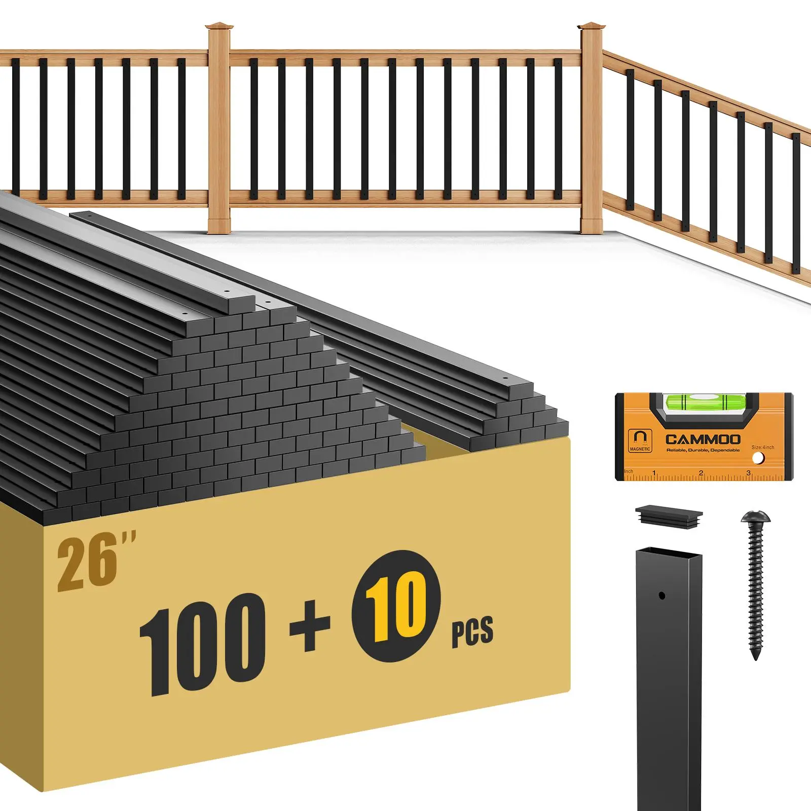 CAMMOO 110 Pcs 32 in Iron Galvanize Rectangular Deck Balusters Balustrade Kit, Straight Porch Railing with Level, Pre-Installed End Caps & Screws, Flawless Alignment Safety Barrier, Anti-Rust Spindles for Balcony Indoor Outdoor Home Improvement