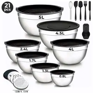 21-Piece Mixing Bowls Set with Airtight Lids – 7 Stainless Steel Kitchen Bowls , 3 Grater Attachments, Multifunctional , Perfect for Baking & Serving