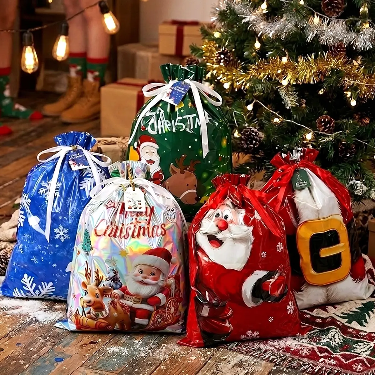 60PCS Christmas Drawstring Glitter Gift Bags (30 Colorful Bags + 30 Tags) - Assorted Sizes from Small to Jumbo, with Colorful Designs & Tags, Ideal for Holiday Wrapping & Decorations Party Favors, Say Goodbye to Single-Style Gift Bags