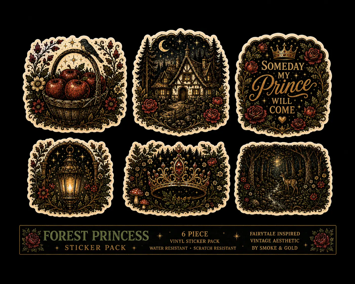 Forest Princess Sticker Pack | 6 Piece Fairytale Inspired Vinyl Sticker Set | Dark Cottagecore Stickers