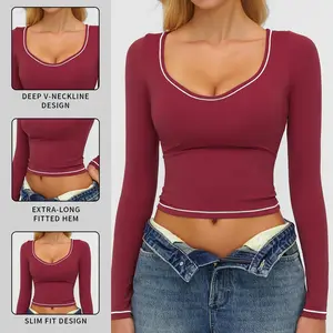 Women's High Stretch Sporty Solid Round Neck Compression Shirts, MFVIM Quick-Drying Long Sleeve Crop Top, Athletic Style Activewear for Indoor & Outdoor Use, Valentine's Day Gift
