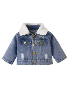 Baby Boy Metal Buckle Denim Jacket, Open Front Cowboy Style Coat, Detachable Collar Design, Perfect for Casual Wear, Baby Boy Clothes