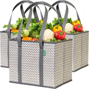 Grocery Bags (3 Pack) - Heavy Duty  Shopping Bags with Box Shape to Stand Up and Stay Open - Large Tote Bags with Long Handles & Reinforced Bottom - Foldable Utility Bag - Chevron