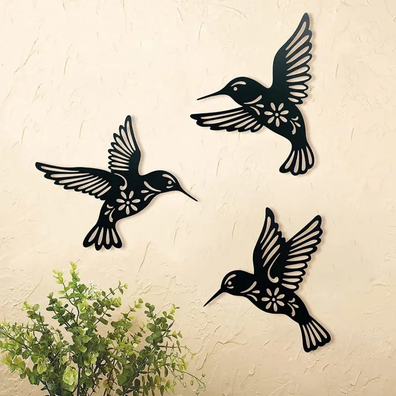 3pcs Iron Hollow Hummingbird Wall Decor, Garden Sculptures Statues, Metal Carving Craft for Living Room Wall Hanging