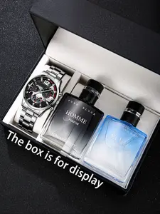 Men's Silver Color Fashion Watch Set with Blue & Perfume, Perfect Gift for Christmas, Valentine's Day, Father's Day, Fragrance Gift Bundle