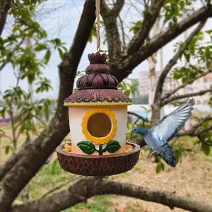 1pc Farmhouse Sunflower Hanging Bird Feeder, Vintage Thatched Roof Design, Outdoor Garden Eco Landscape Decoration