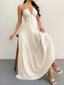 Women's Strapless Waist Cinch Long Dress, Sleeveless V-Neck Design, Ruched Layered Elegant Fashion, Loose A-Line Summer Beach Dress, Back Bow, Casual Comfort