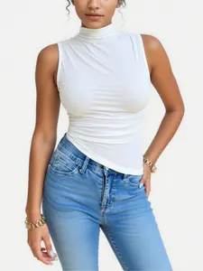 White Turtleneck Ruched Waist Sleeveless Top + Dimur Minimalist Style + Turtleneck Design/Ruched Waist Cut/Undyed Original Texture + High-End Workplace & Luxury Social Audience