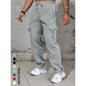 Men's Plain Pockets Drawstring Waist Wide Leg Pants, Fashion Casual Loose Fit Straight Leg Trousers, Men's Tracksuit for Fitness Travel, Machine Washable Pants, Work Trousers, Activewear