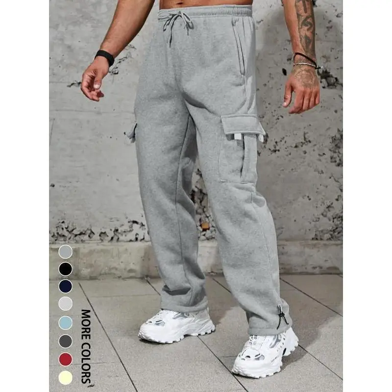 Men's Plain Pockets Drawstring Waist Wide Leg Pants, Fashion Casual Loose Fit Straight Leg Trousers, Men's Tracksuit for Fitness Travel, Machine Washable Pants, Work Trousers, Activewear