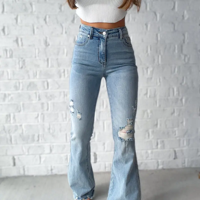 Women's Viral Cindy High-Rise Tummy Control Destroy Flare Jeans - Stylish All-Seasons Pockets Bottom, Comfortable Daily Fit Jeans for Women