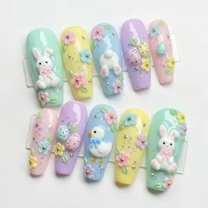 Handmade 3D Easter Bunny Press On Nails, Pastel Easter Nail Art, Christian Religious, Mosaic Spring, Floral Nails