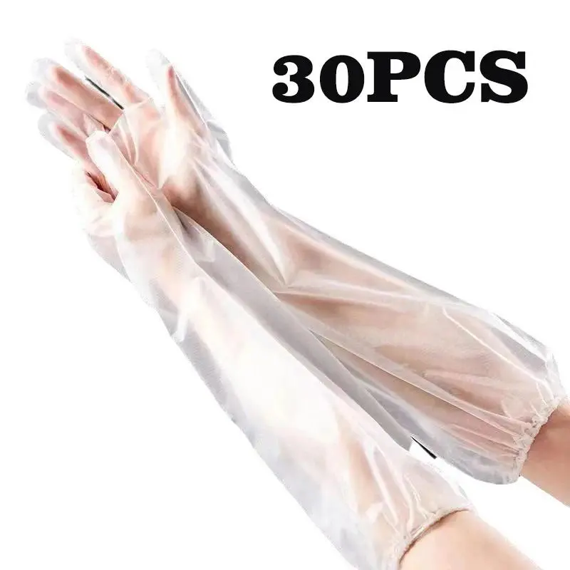 30PCS Disposable Transparent CPE Long-Arm Cleaning Gloves Pack, Waterproof, Elastic Drawstring, Anti-Scalding, Chemical-Resistant, 1-Size-Fits-All Cleaning Gloves for Kitchen Household Use, Anti-Scalding Cleaning Gloves, Chemical Cleaning Gloves