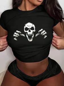 Women's Round Neck Slim Fit Bodysuit, Skull Graphic Print, Soft Skin-Friendly Fabric, Casual Commuter Wear, Daily Use