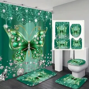 Base Rhinestone Butterfly Bathroom Non-Slip Mat Set, U-Shaped Mat and Shower Curtain Kit, 4-Piece Bath Accessories
