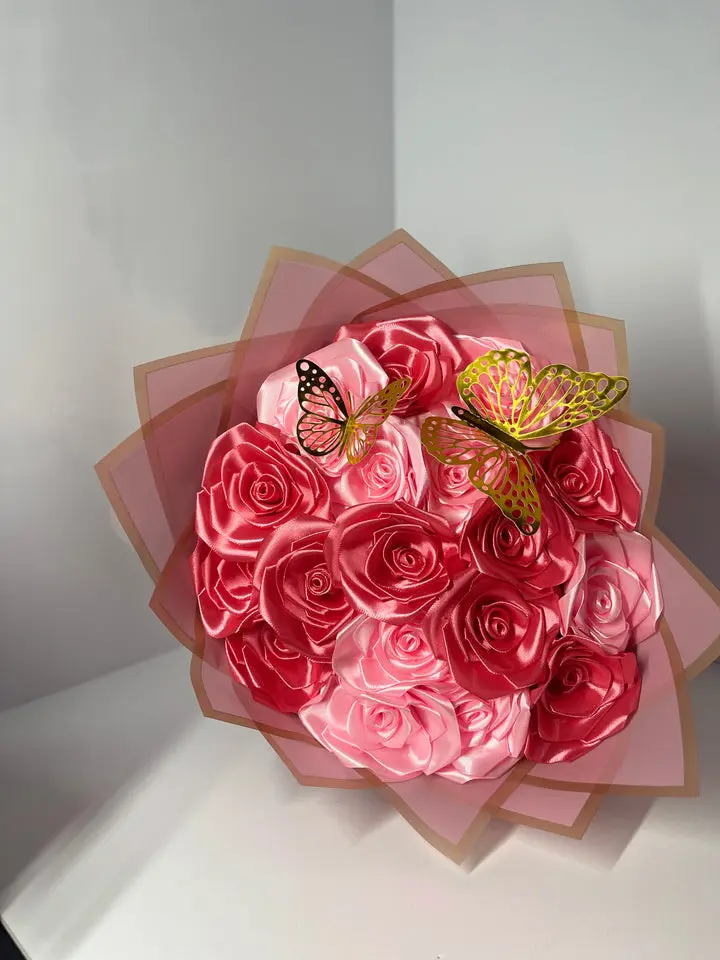 Handcrafted Satin Ribbon Rose Bouquet - Princess Pink Design with Golden crown and Butterflies