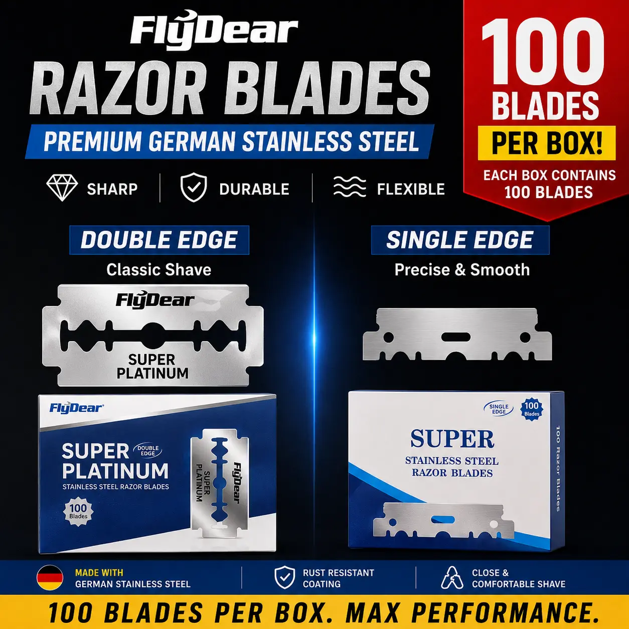 FlyDear 100-Pack Stainless Steel Razor Blades - Ultra Sharp Durable Premium Germany Steel, Double Edge/Universal Single Edge, for Men's Daily Shaving, All Body Hair Removal, Barber & Salon Use