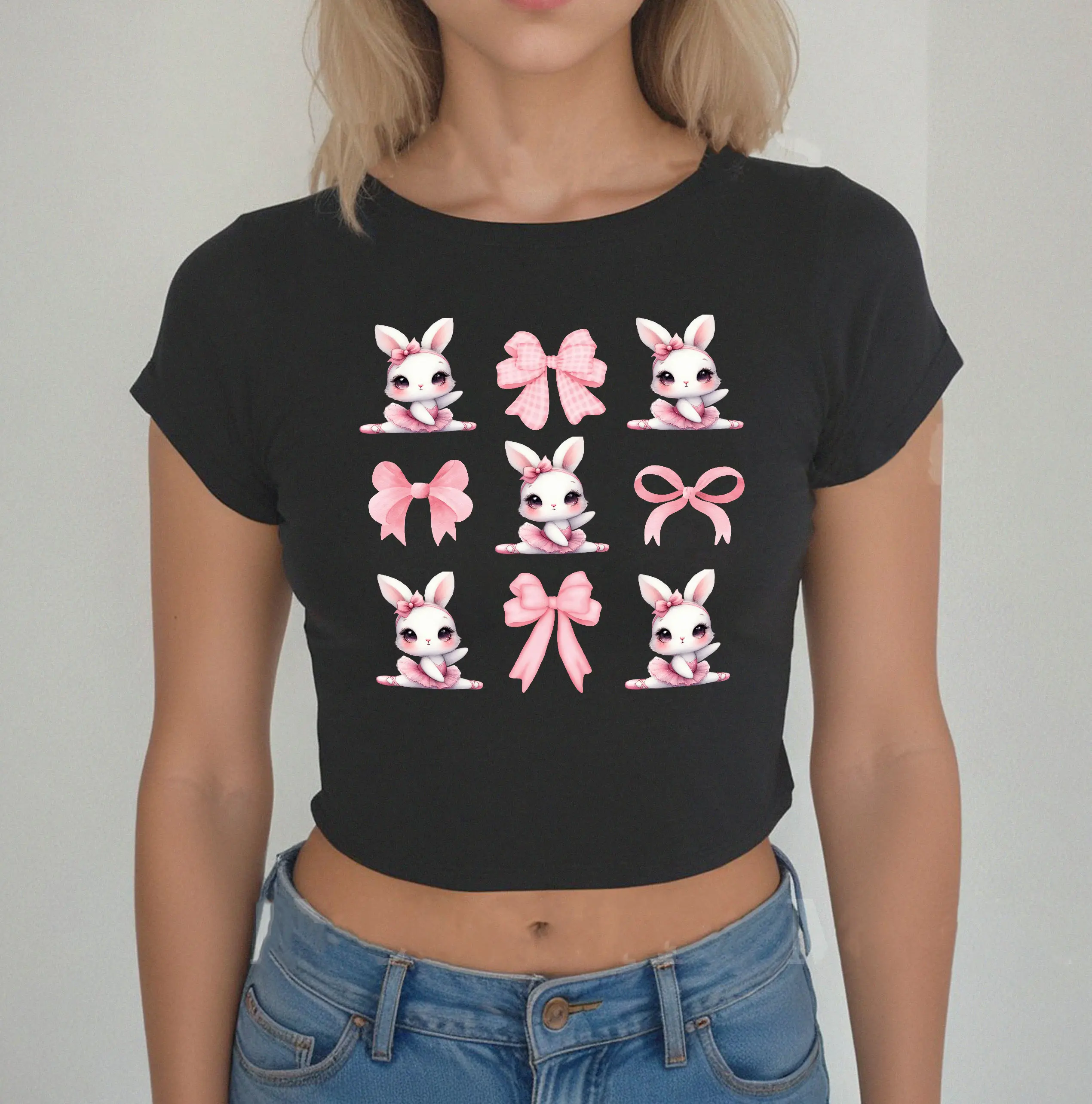 Balletcore Bunny Baby Tee, Pink Bow Baby Tee Women, Cute Bunny Tee, Preppy Clothes, Soft Girl Style, Y2K Aesthetic Women Tee