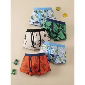 [Dino Print Boxers Kids] 5pcs Boys' Dinosaur Underwear Boxer Briefs - Soft All-Season Shorts, Elastic Waist with Dino Print (T-Rex, Stegosaurus) Kids 4-12 Years - Multicolor Pack (Blue, Green, White, Navy) - Hand Washable Bulk Clothing-like Boxers