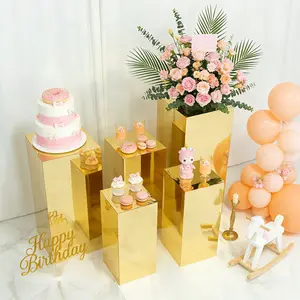 Set of 5 Gold Mirror Acrylic Pedestal Stands – Pre-Assembled Rectangular Display Risers for Retail, Parties & Event Décor – 20", 22", 24", 28", 32"