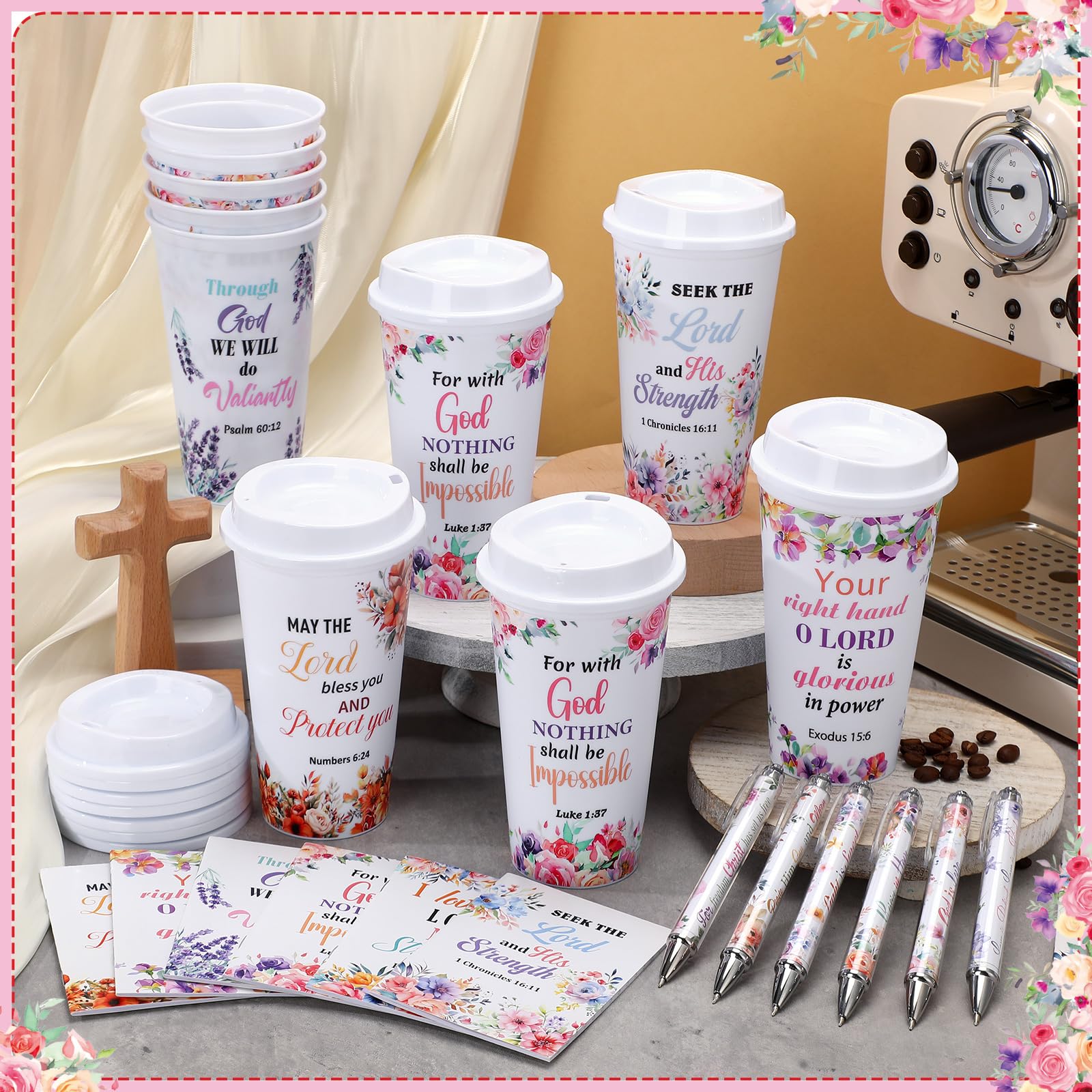 Christian Gifts 36 pcs Church Party Favor Set with 12 pcs Plastic Tumblers with 12 pcs Notebooks 12 pcs Pens Bulk Religious Gift with Floral Bible Verse for Family Prayer Party Birthday Party Supplies, Christian Bulk Gifts for Women