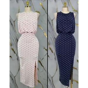 Elegant Polka Dot Midi Dress – Sleeveless Bodycon Dress with Side Slit