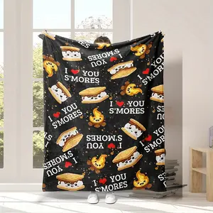 1pc Digital Print Cute S'Mores Throw Blanket, Marshmallow Cookie Blanket Gift Soft And Comfortable Plush Bedding Blanket, Plush Flannel Blanket Suitable For Adult Sofa Camping