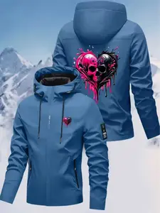 Unisex All-Season Windproof Hooded Jacket, Gothic Skull & Heart Print, Loose Zipper Ski & Snowboard Coat