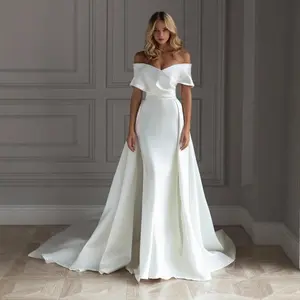 Light wedding dress one-word shoulder slim temperament slim sexy white trailing evening dress women's happy wedding dress
