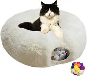 White Fluffy Warm Plush Cat Round Tunnel Tube, Soft Collapsible Multi-Combinations Cat Donuts Bed for Kitty Kitten Puppy Rabbit Ferret (White)