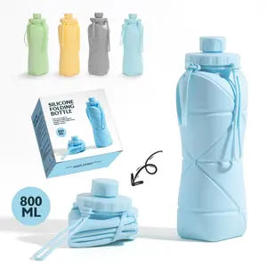 Foldable Silicone Water Bottle 800ML with Lid, Portable Handle Design, Space-Saving, Durable, Perfect for Hiking/camping