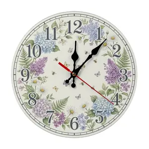 2D Flat Wall Clock Art Print, Silent Non Ticking Battery Operated,Watercolor Hydrangea, Lilac And Bee Floral Garden Clock Wall Clock 2D Print Decorative for Bathroom Kitchen Bedroom 10 Inch & 12 Inch, Ships Next Day