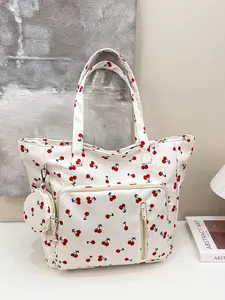 Cute Cherry Print Nylon Tote Bag, Large Capacity Soft Commuter Shoulder Handbag, Perfect for Books, Laptop, Umbrella, Water Bottle, Casual & Commuter Use, Shopper Handbag, Commuting Bag