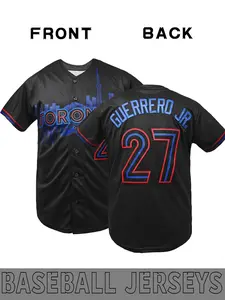 Men's # 27 black baseball jersey, Toronto letter embroidery, retro item with red, black, and blue contrasting design for numbers+trendy jersey, city exclusive outfit suitable for trendsetters to keep in private. 1 piece Jersey Shirts