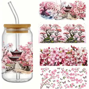 4pcs Sakura Cherry Blossom UV DTF Cup Wraps Transfer Waterproof Sticker for Glass Cups Furniture Craft DIY Crafts Rub on Transfer Stickers for DIY Water Bottle Laptop Decal  Car