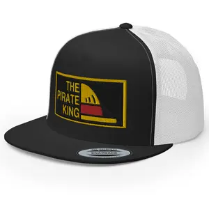 RIVEMUG The Pirate King Embroidered Flat Bill Trucker Hat High Crown Adjustable Anime Straw Hat Cap