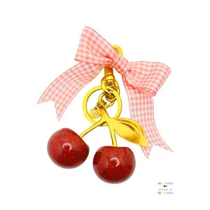 Cherry Gingham Bow Bag Charm / Cherry Purse Charm - Removable Gingham Coquette Bow XL Cherry Charm Fashion Accessory