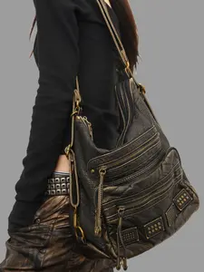 Vintage Rivet Women's Handbag, Large Capacity Shoulder Bag, Multiple Zipper Compartments, Hardware, Detachable Straps, Fashionable Shoulder Bag, /