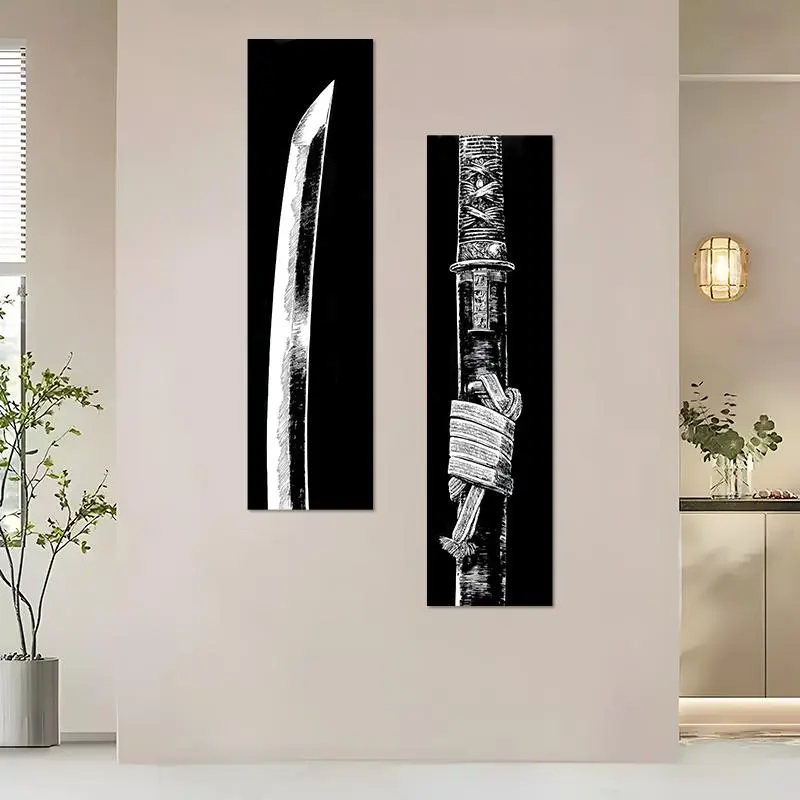 Samurai Sword Pattern Wall Art, 2 Counts/set Chinese Vertical Tapestry, Hanging Decor Decoration Items for Bedroom Living Room, Perfect Gift for Friends Family, Modern Home Decor Art Work For Wall Decor