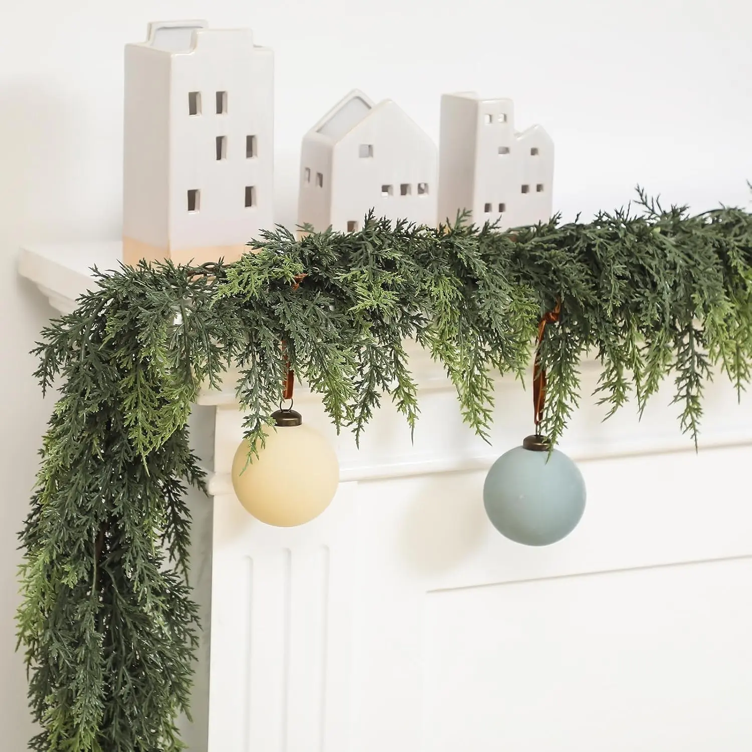 2 count Artificial Cedar Garlands, 6 FT Real Touch Winter Cedar Garland, Green Artificial Greenery Pine Garland for Table, Mantle, Wall, Indoor, Outdoor Christmas Decorations
