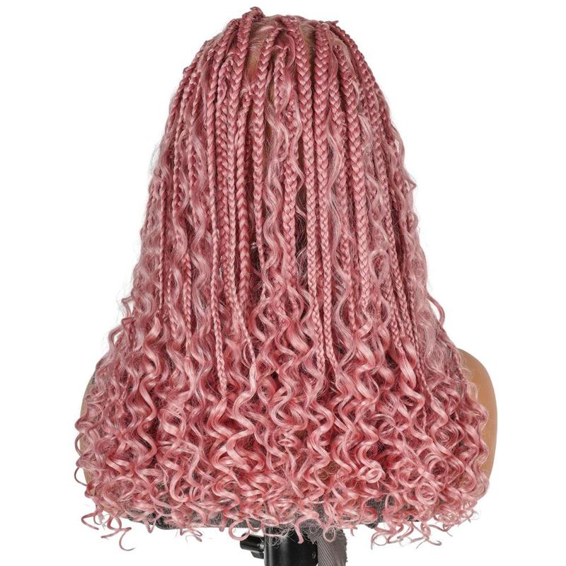 SuperNova #Pink Color 16" Full Lace Bohemian Box Braided Wig - Premium Synthetic Fiber, Natural Look, Lightweight & Comfortable for Daily Wear, Perfect for Trendy Hair Transformations