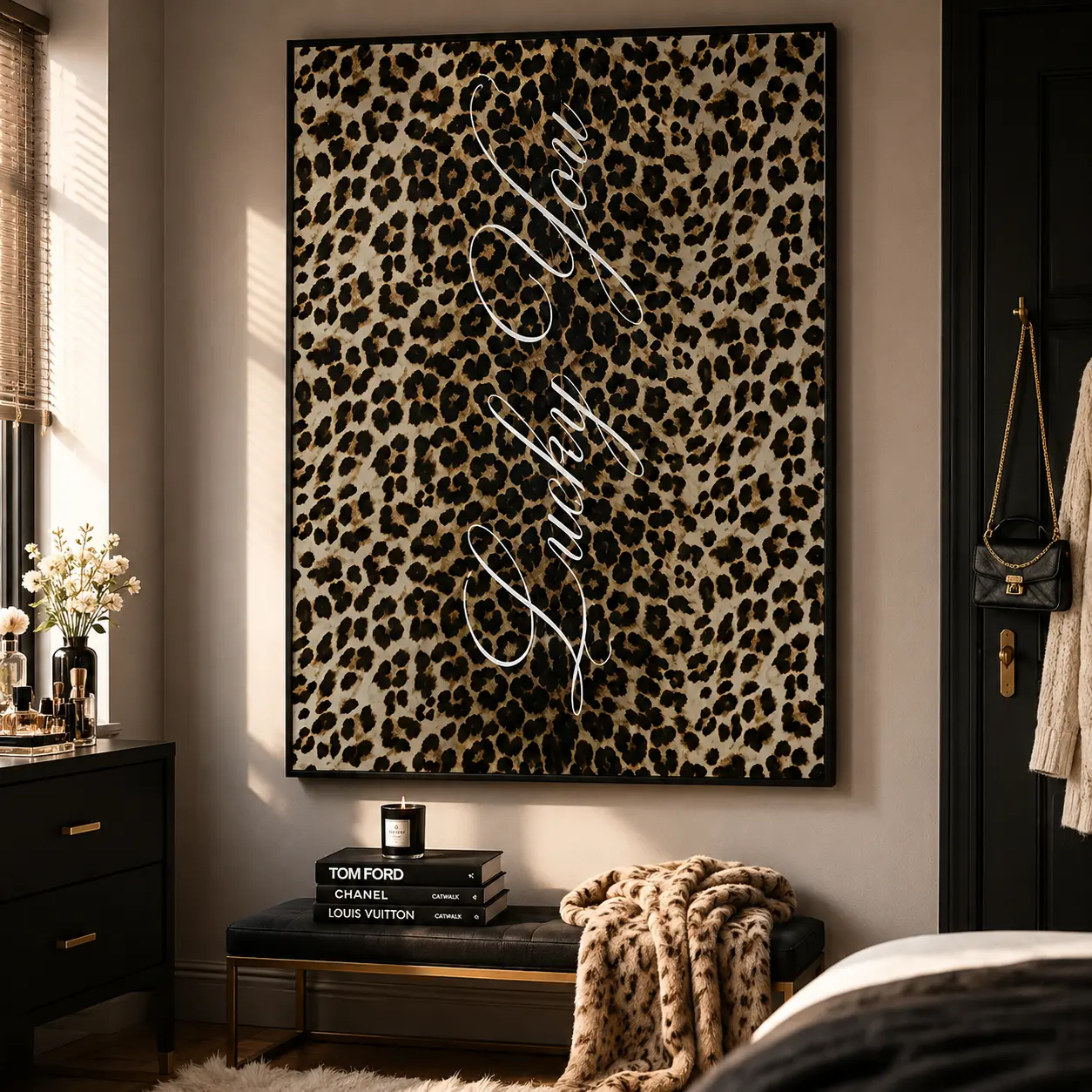 "Lucky You" Leopard & White Poster |   Modern Wall Decor, Canvas Wall Art, Leopard Print Canvas, Neutral Animal Wall Art, Lucky You Typography Poster, Bedroom Living Room Decor, Fashion Wall Art, Gift for Her