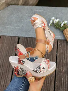 Women's Retro Floral Buckle Wedge Sandals, Summer Platform Chunky Heel Shoes, Ethnic Style Beach Elevated Sandals