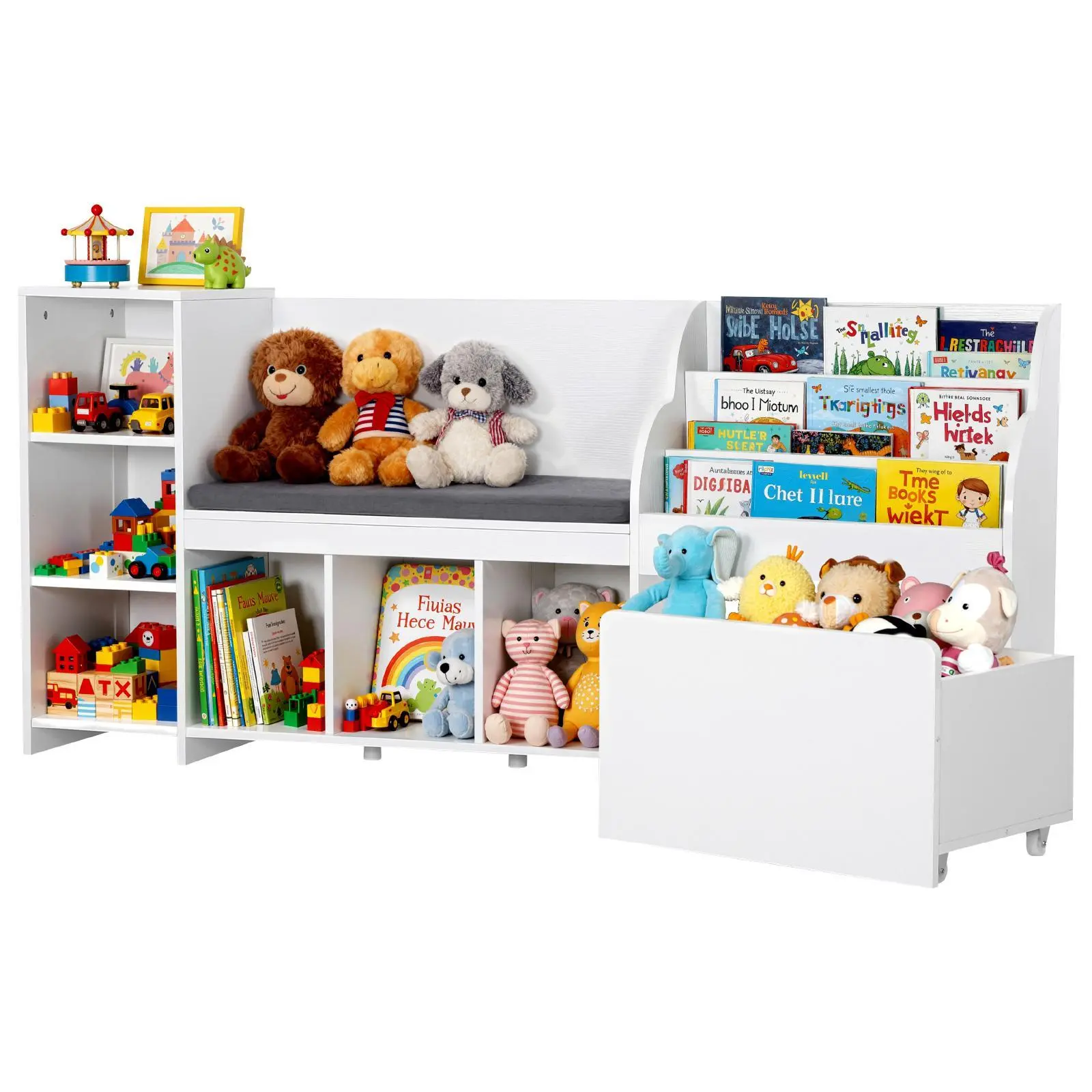 【SummerFinds】VEVOR Sturdy Particle Board Kids Reading Nook Storage Bench with Backrest, Adjustable Shelf Toy Organizer, Large Compartment Toy Box (135 kg Capacity) for Nurseries, 66.9x15.8x31.5in White, Assembly Required (DealsForYouDays), Reliable, Wheel