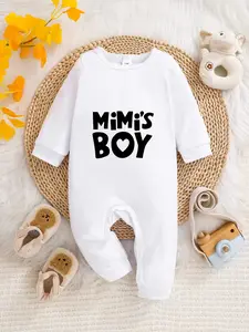 Newborn Spring Fall Long Sleeve Romper, Unisex Baby Onesie, Cute Mimi's Boy Letter Print, Adorable Crawling